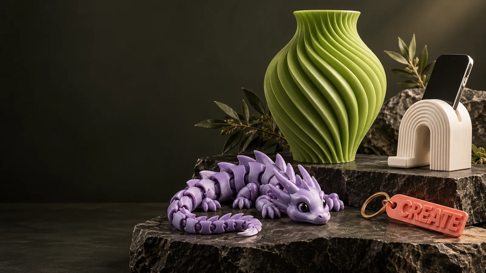 Studio concept render of a spiral vase, articulated dragon, arch phone stand and personalised keyring