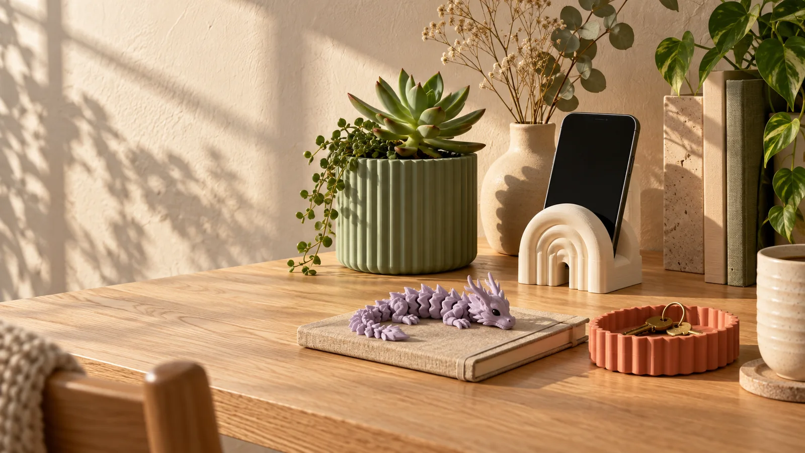 Concept scene of printed design objects styled on a sunlit oak desk